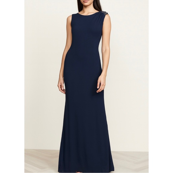 Tadashi Shoji Full Length Embellished Shoulder Open Back Gown Dress in Navy - Picture 11 of 11